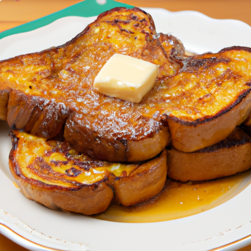 A plate with french toast, with a pat of butter and maple syrup on the french toast